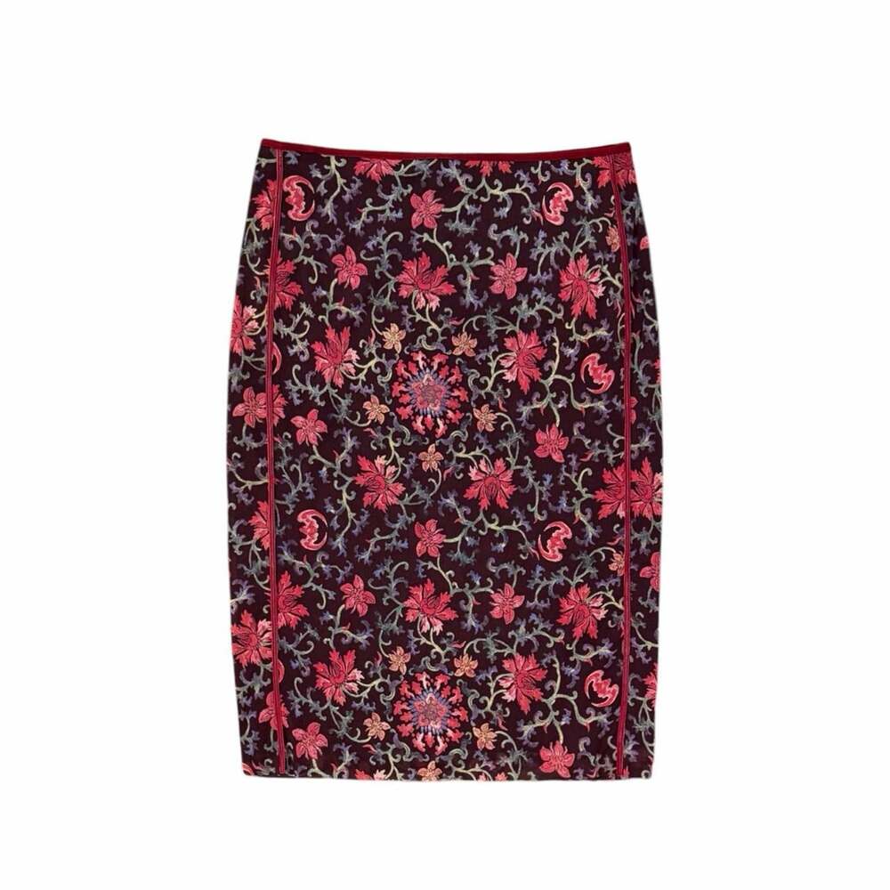VTG 90s Vivienne Tam red floral print pencil skirt with leather piping Size 0